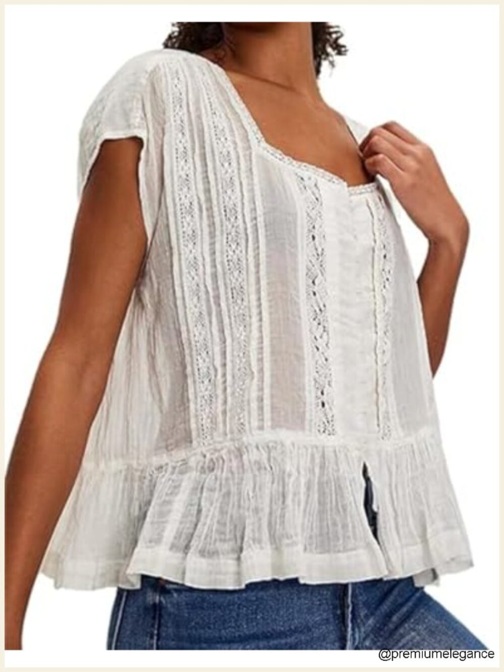 Women Pleated Crop Tank Boho Lace Tie Front Sleeveless Semi Sheer Blouse